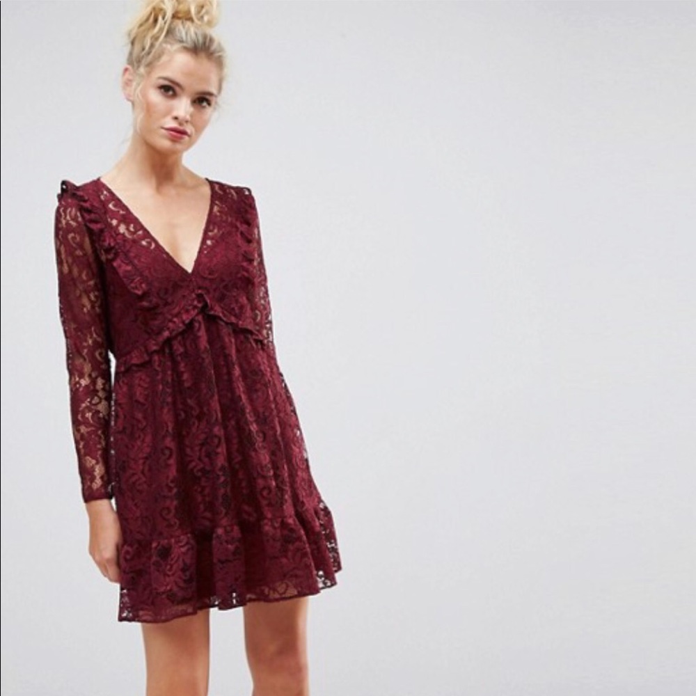 ASOS Maroon Lace Smock Mini Dress with Ruffles